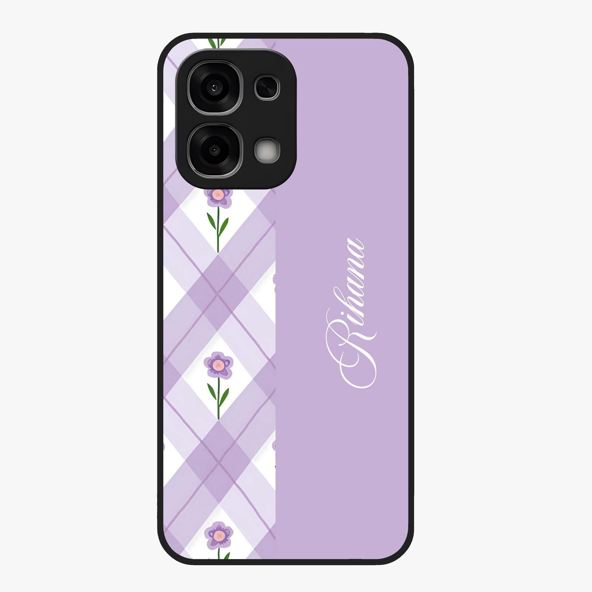 Purple Diamond Floral Glass Case showing flat back view with diamond shaped floral artwork and glossy glass finish.