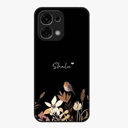 Quiet Garden Tune Custom Name Glass Case showing flat back view with peaceful garden artwork and personalized name design.