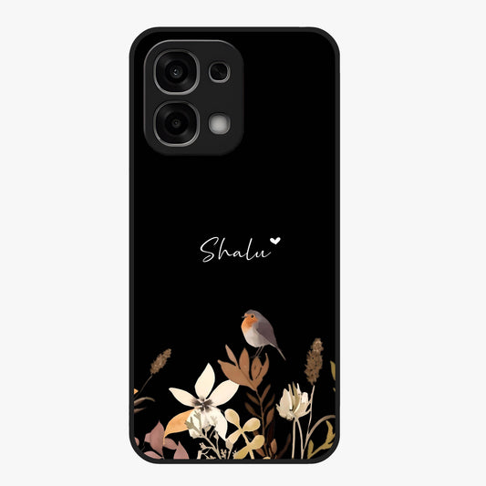 Quiet Garden Tune Custom Name Glass Case showing flat back view with peaceful garden artwork and personalized name design.
