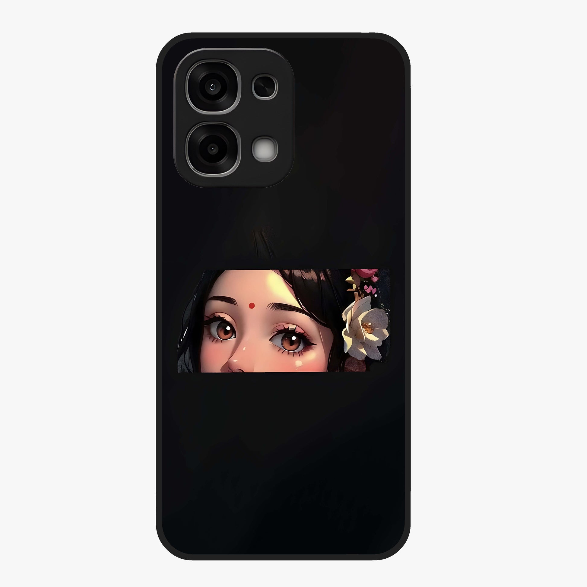 Radha Divine Embrace Glass Case showing flat back view with devotional Radha artwork and glossy glass finish.