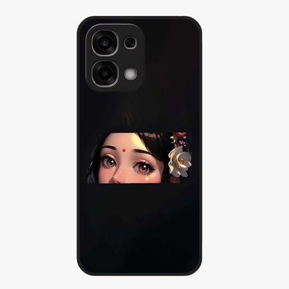Radha Divine Embrace Glass Case showing flat back view with devotional Radha artwork and glossy glass finish.