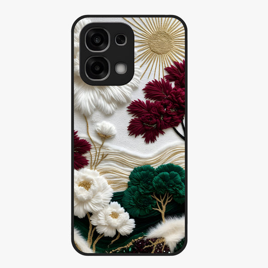 Radiant Bloom Elegance Glass Case showing flat back view with elegant blooming flower artwork and glossy glass finish.