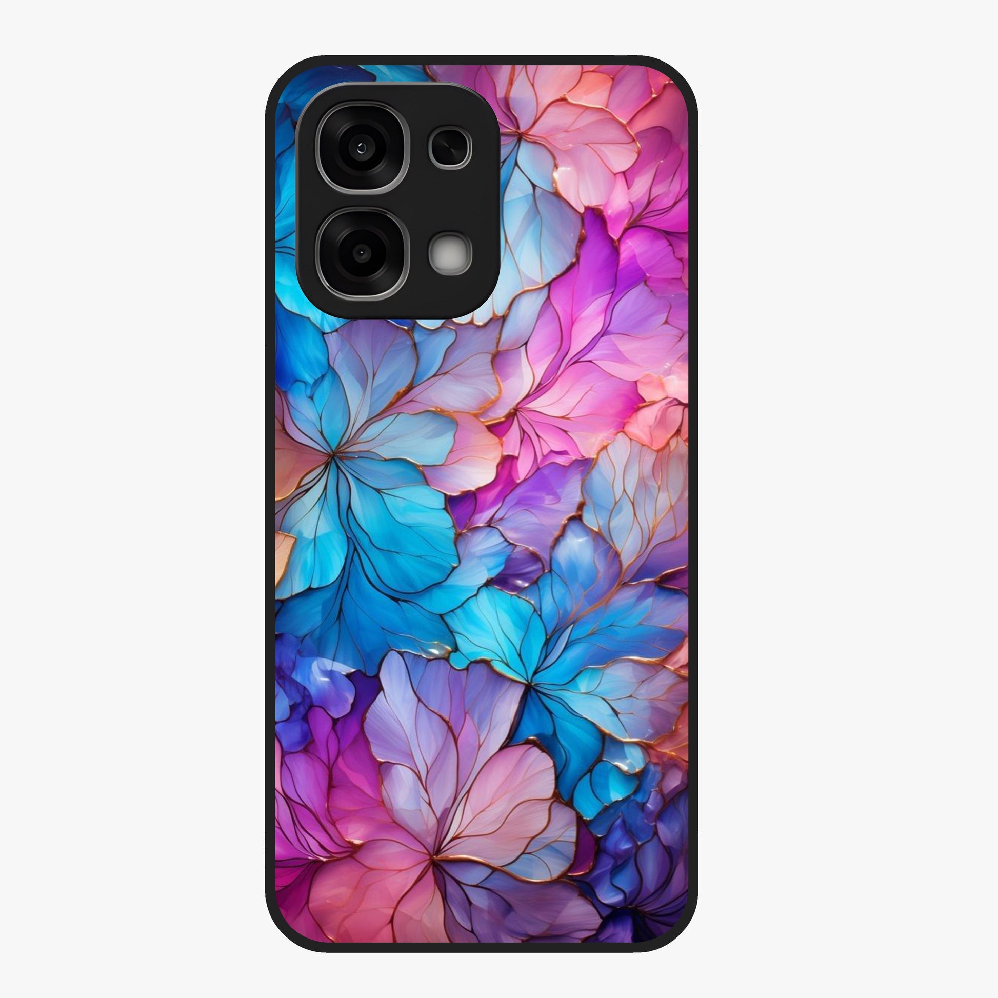 Radiant Floral Whirl Glass Case showing flat back view with swirling floral artwork and glossy glass finish.