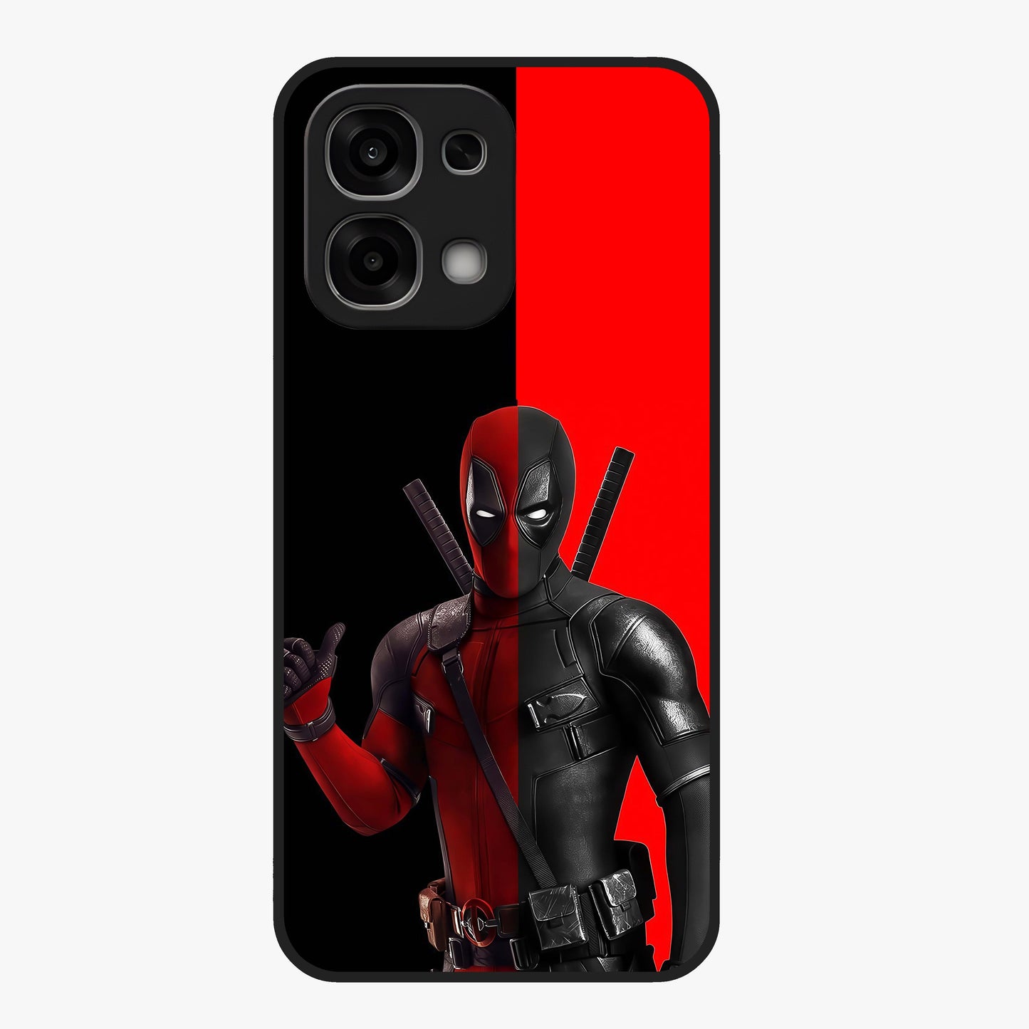 Red & Black Deadpool Theme Glass Case showing flat back view with bold comic inspired artwork and glossy glass finish.