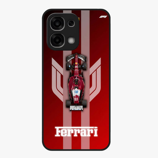 Red Ferrari F1 Vertical Glass Case showing flat back view with sleek Formula racing car artwork and glossy glass finish.
