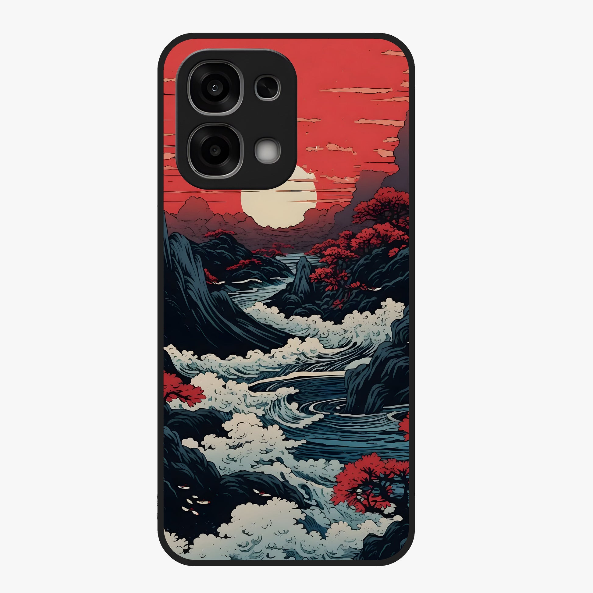 Red Sunset Scenery Glass Case showing flat back view with vibrant sunset landscape artwork and glossy glass finish.