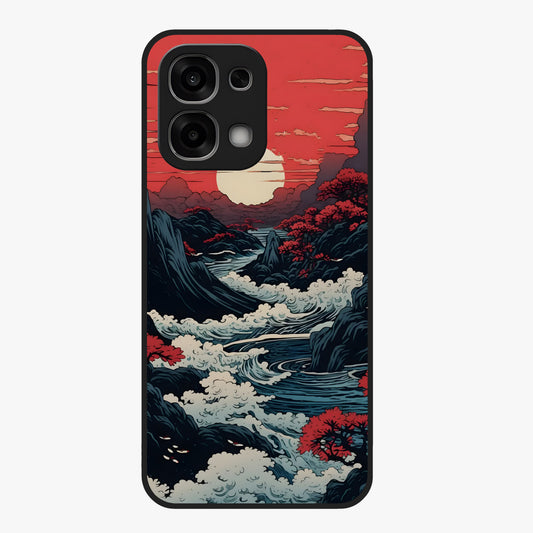 Red Sunset Scenery Glass Case showing flat back view with vibrant sunset landscape artwork and glossy glass finish.