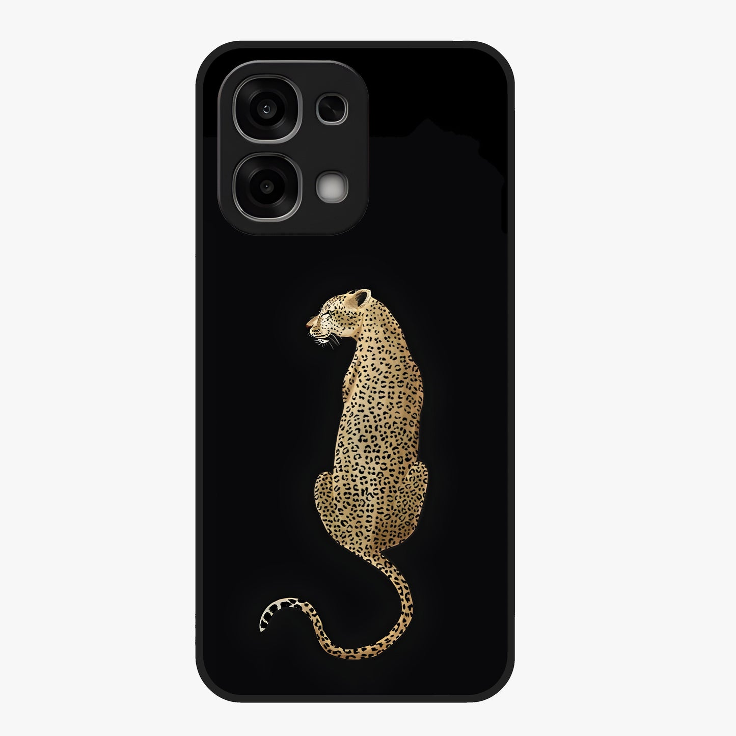 Regal Leopard Glass Case showing flat back view with bold leopard artwork and glossy glass finish.