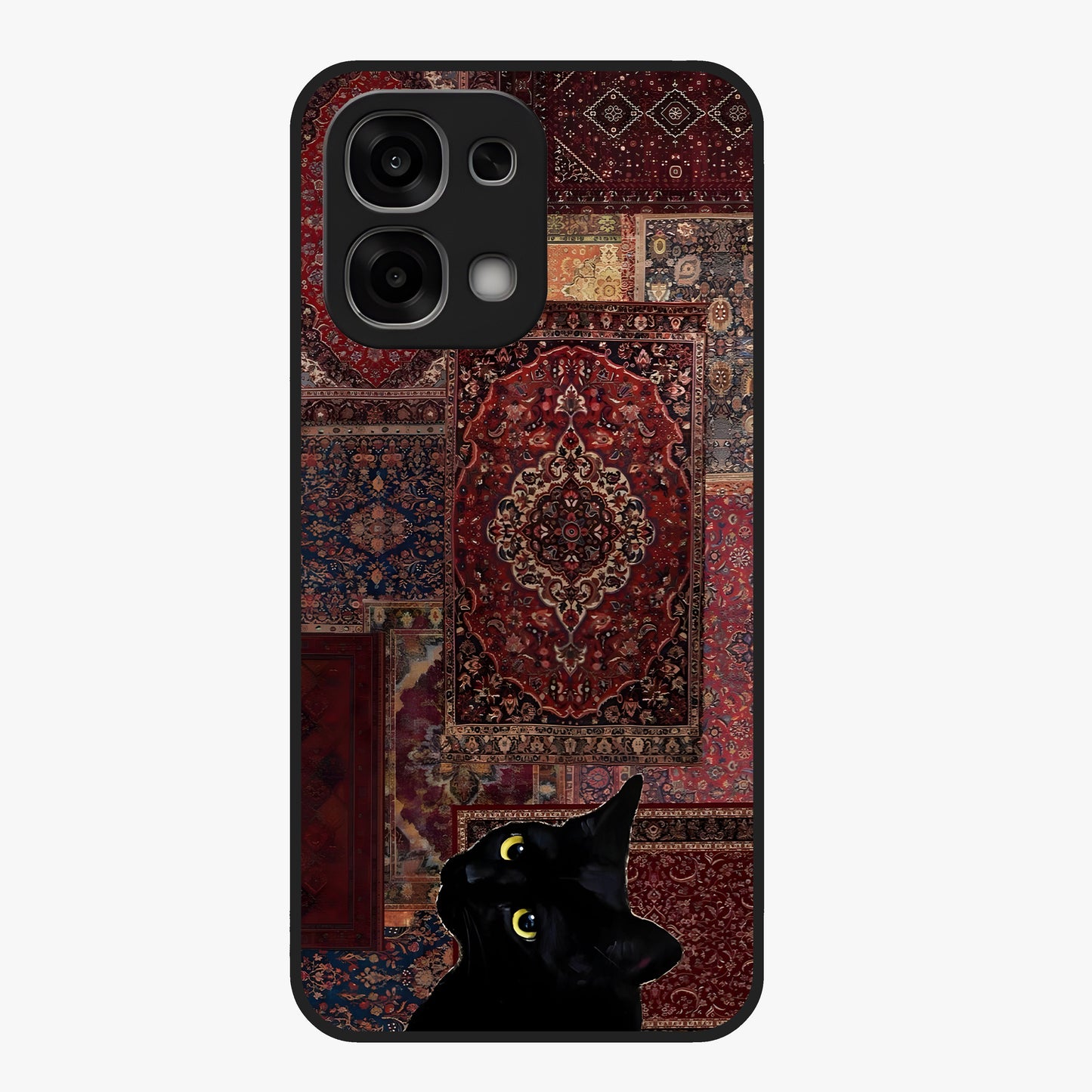 Regal Magic Cat Apple Glass Case showing flat back view with magical cat artwork holding apple and glossy glass finish.