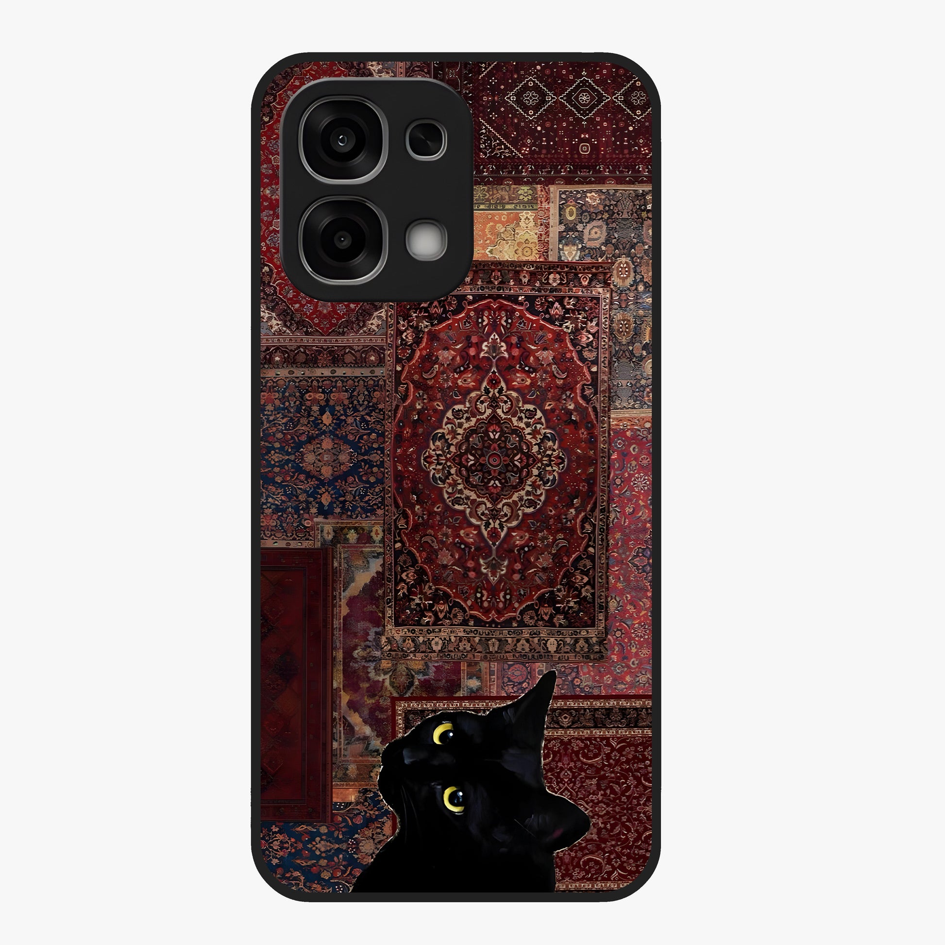 Regal Magic Cat Apple Glass Case showing flat back view with magical cat artwork holding apple and glossy glass finish.