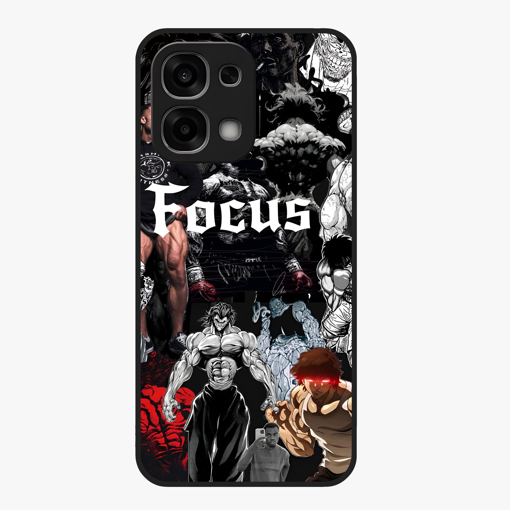Relentless Power Focus Glass Case showing flat back view with motivational typography artwork and glossy glass finish.