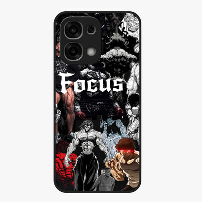 Relentless Power Focus Glass Case showing flat back view with motivational typography artwork and glossy glass finish.