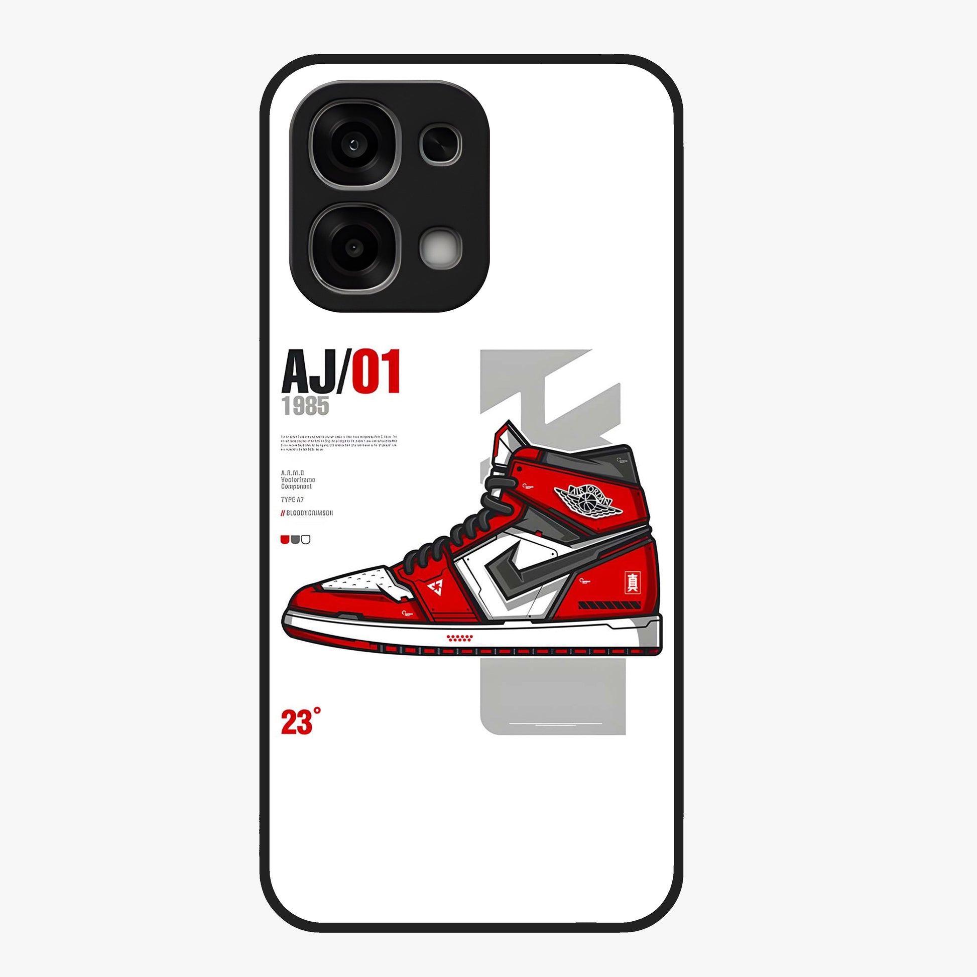 Retro Sneaker Blueprint Glass Case showing flat back view with sneaker blueprint style artwork and glossy glass finish.