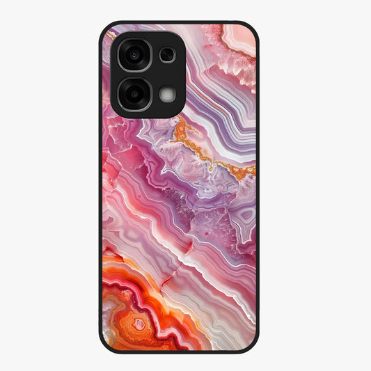 Rose Quartz Marble Glass Case showing flat back view with pink marble quartz texture artwork and glossy glass finish.