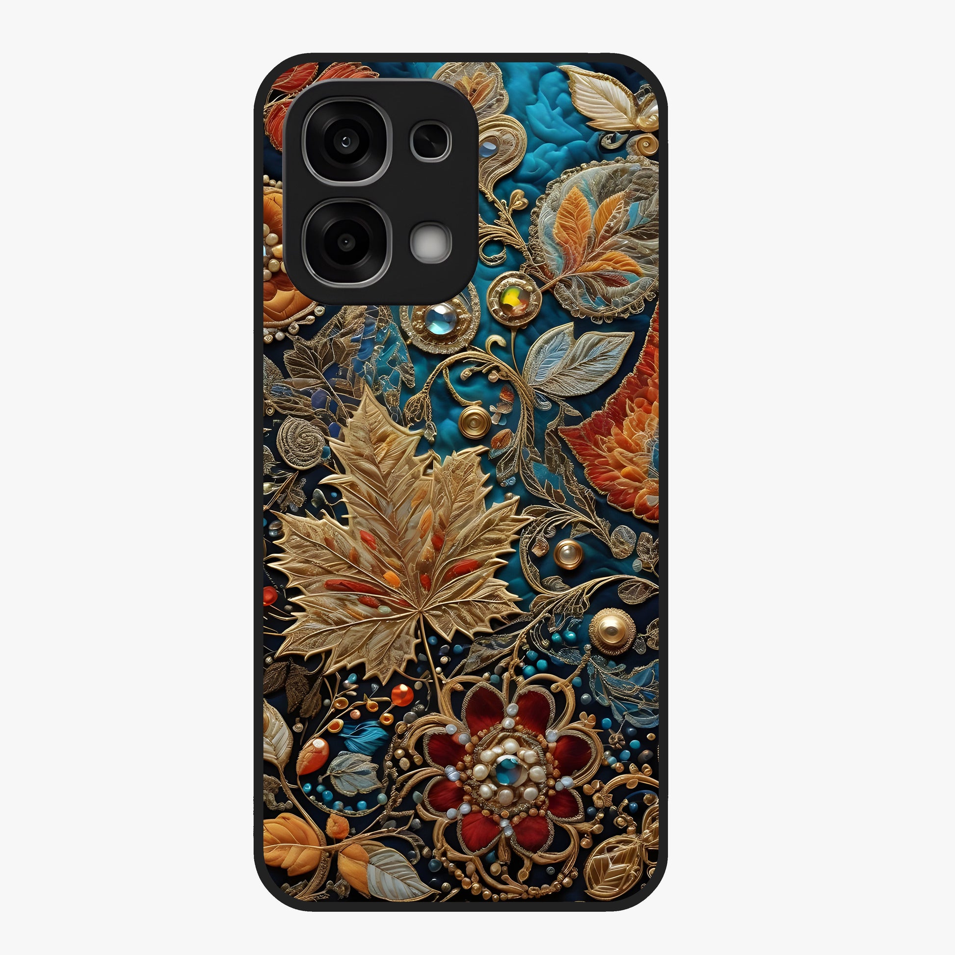 Royal Jewel Garden Glass Case showing flat back view with decorative floral garden artwork and glossy glass finish.