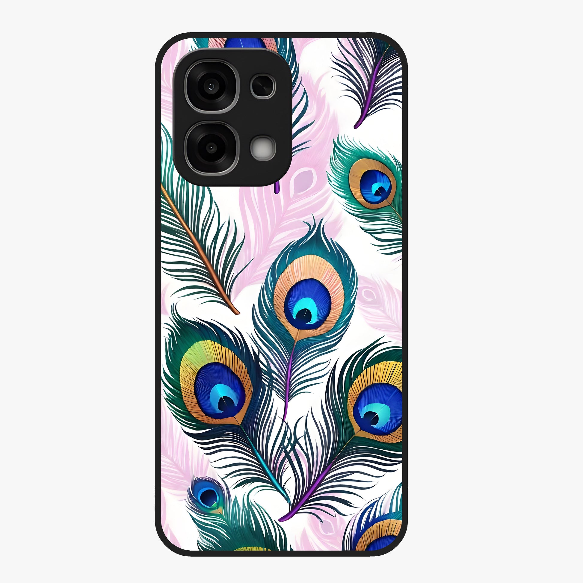 Royal Peacock Feathers Glass Case showing flat back view with colorful peacock feather artwork and glossy glass finish.