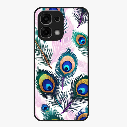 Royal Peacock Feathers Glass Case showing flat back view with colorful peacock feather artwork and glossy glass finish.