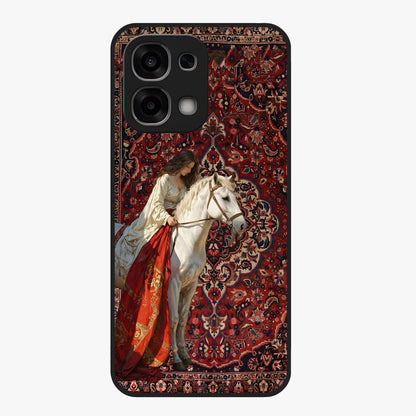 Royal Rider Tapestry Glass Case showing flat back view with majestic horse rider tapestry artwork and glossy glass finish.