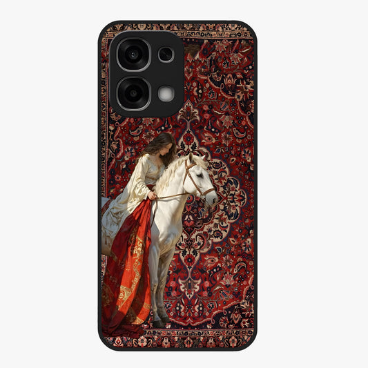 Royal Rider Tapestry Glass Case showing flat back view with majestic horse rider tapestry artwork and glossy glass finish.