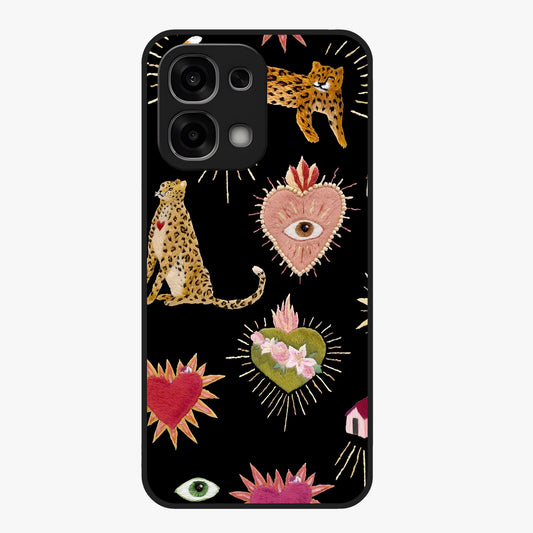 Sacred Jungle Heart Glass Case showing flat back view with jungle inspired heart artwork and glossy glass finish.