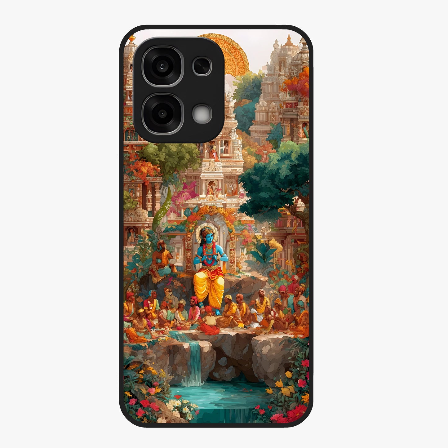Sacred Sunlight Gods Glass Case showing flat back view with divine sunlight themed artwork and glossy glass finish.