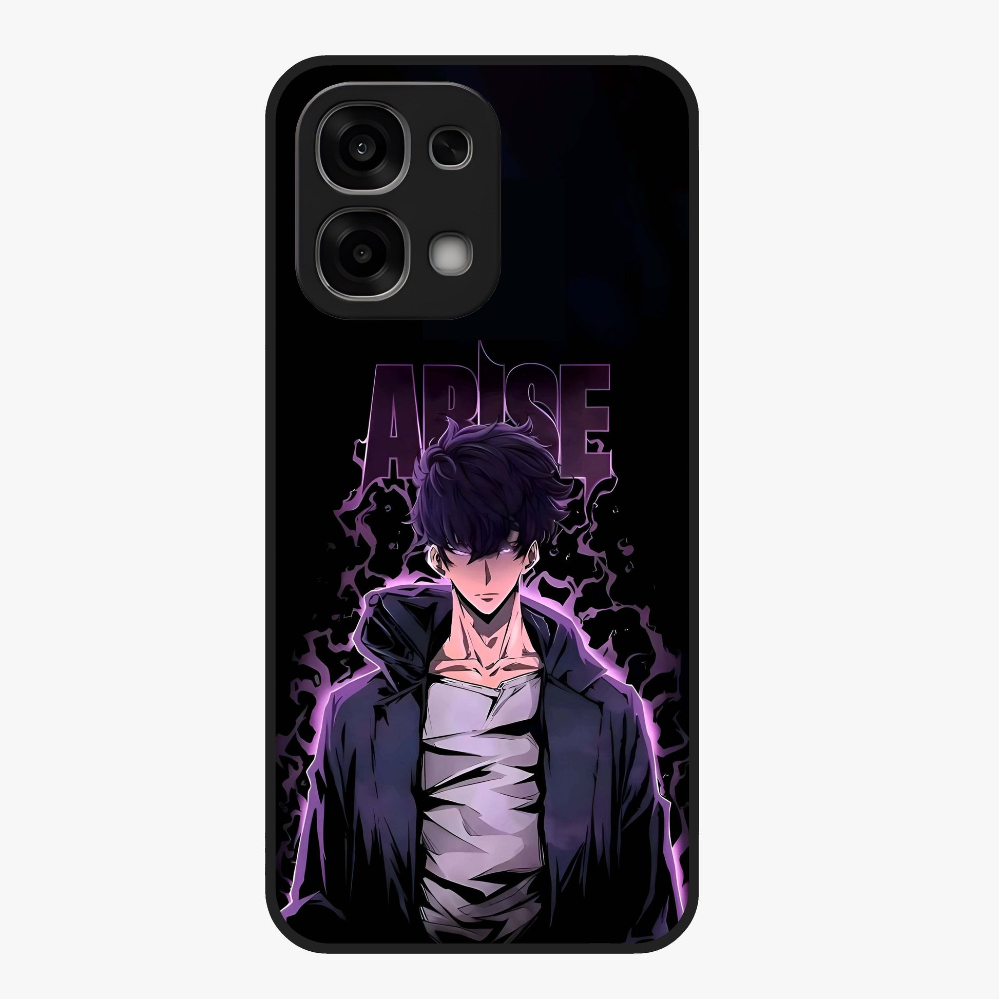 Shadow Monarch Awakening Glass Case showing flat back view with powerful dark monarch themed artwork and glossy glass finish.
