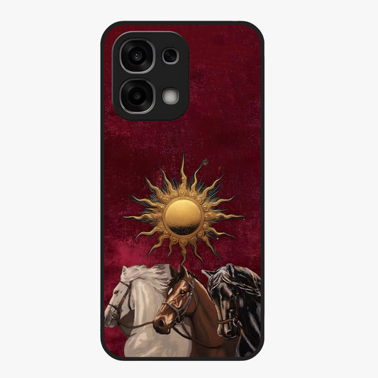 Solar Riders Glass Case showing flat back view with dynamic rider themed artwork and glossy glass finish.