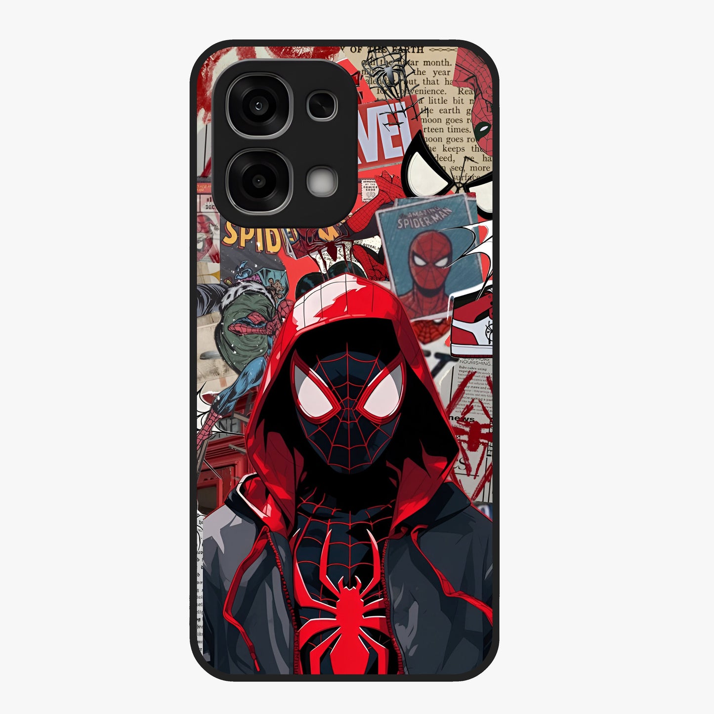 Spider Collage Street Glass Case showing flat back view with vibrant superhero collage artwork and glossy glass finish.