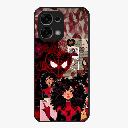 Spider Love Story Glass Case showing flat back view with romantic superhero themed artwork and glossy glass finish.