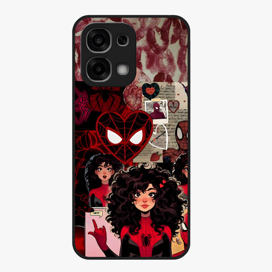 Spider Love Story Glass Case showing flat back view with romantic superhero themed artwork and glossy glass finish.