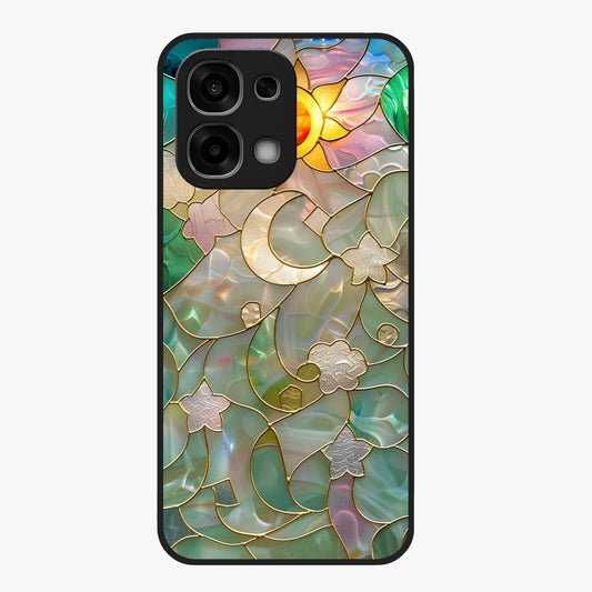 Stained Sunrise Glow Glass Case showing flat back view with glowing sunrise stained pattern artwork and glossy glass finish.