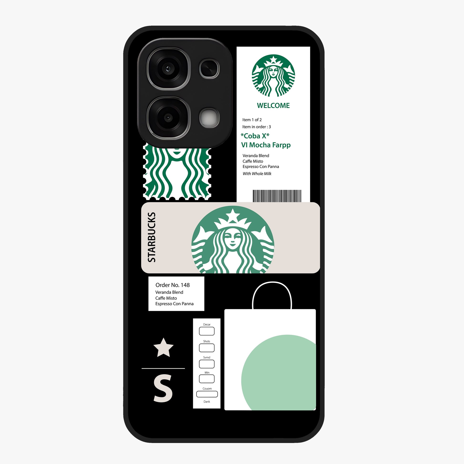 Starbucks Mocha Glass Case showing flat back view with coffee inspired artwork and glossy glass finish.