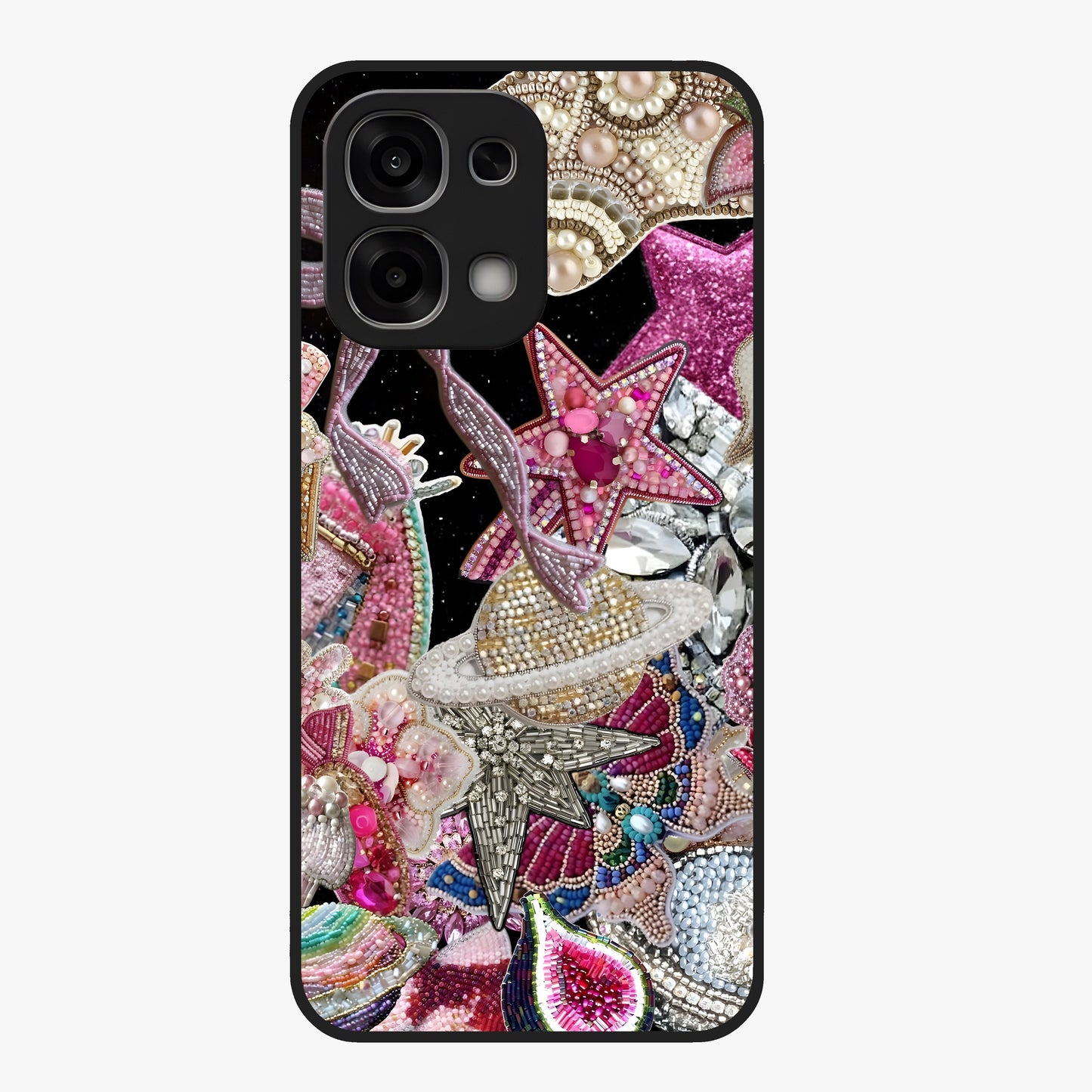 Starlit Jewel Dream Glass Case showing flat back view with sparkling jewel and star themed artwork and glossy glass finish.