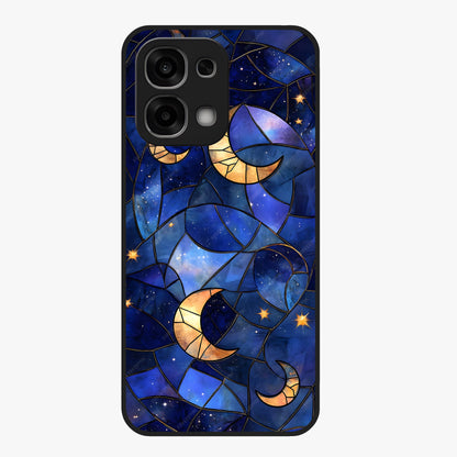 Starlit Sky Tapestry Glass Case showing flat back view with decorative starry sky tapestry artwork and glossy glass finish.