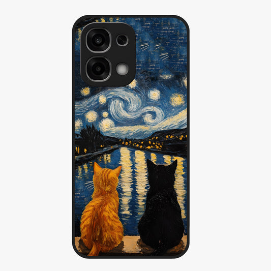 Starry River Cats Glass Case showing flat back view with cats by a starry river artwork and glossy glass finish.