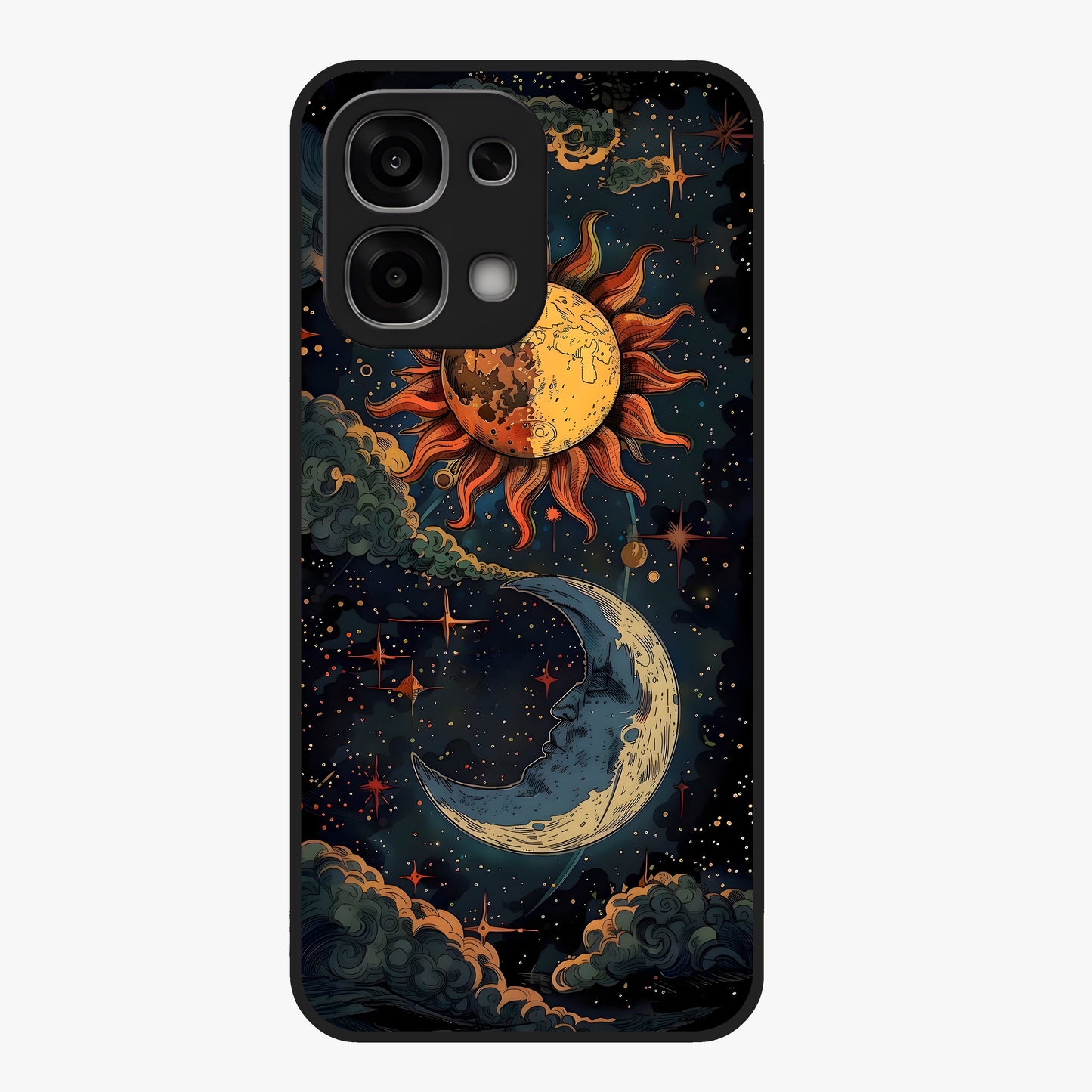Sun And Moon Magic Design Glass Case showing flat back view with mystical sun and moon artwork and glossy glass finish.