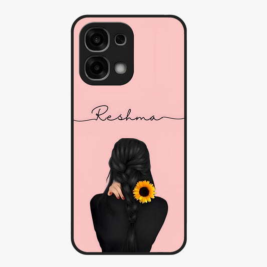 Sunflower Braid Beauty With Custom Name Glass Case showing flat back view with sunflower braid artwork and personalized name design.