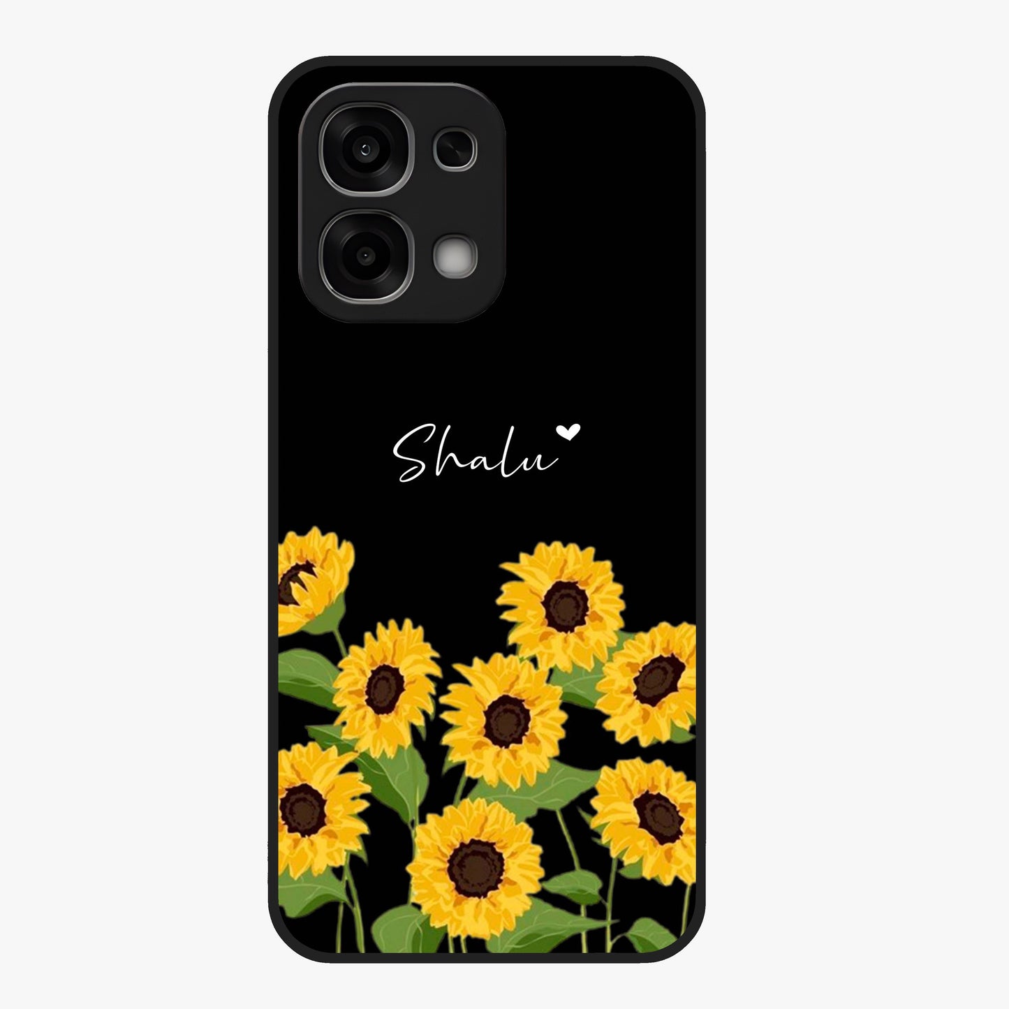 Sunflower Chic Mood Custom Name Glass Case showing flat back view with stylish sunflower artwork and personalized name design.