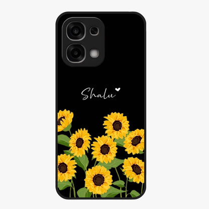 Sunflower Chic Mood Custom Name Glass Case showing flat back view with stylish sunflower artwork and personalized name design.