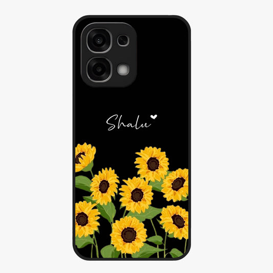 Sunflower Chic Mood Custom Name Glass Case showing flat back view with stylish sunflower artwork and personalized name design.