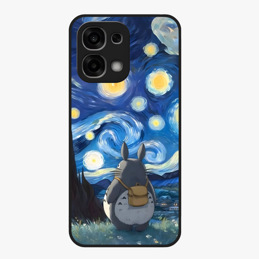 Totoro In Van Gogh Art Glass Case showing flat back view with whimsical character artwork inspired by Van Gogh style and glossy glass finish.