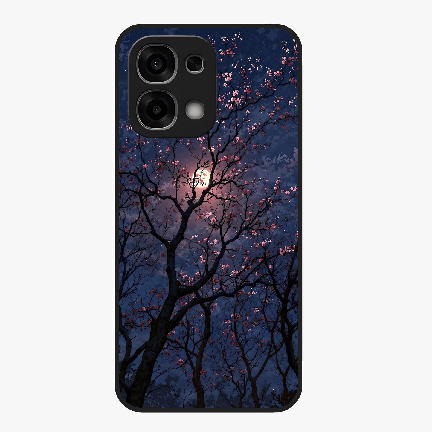 Twilight Sakura Serenade Glass Case showing flat back view with cherry blossom artwork at twilight and glossy glass finish.