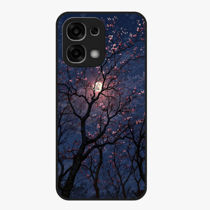 Twilight Sakura Serenade Glass Case showing flat back view with cherry blossom artwork at twilight and glossy glass finish.