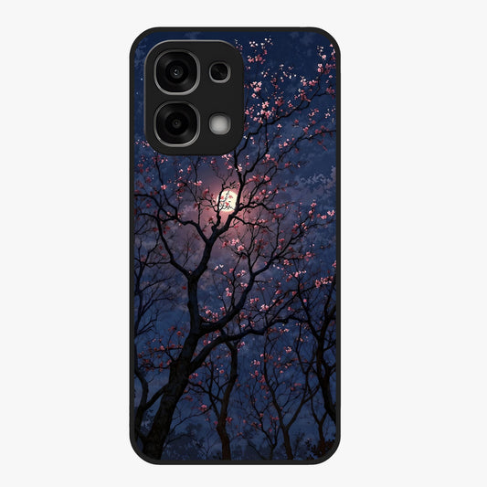 Twilight Sakura Serenade Glass Case showing flat back view with cherry blossom artwork at twilight and glossy glass finish.