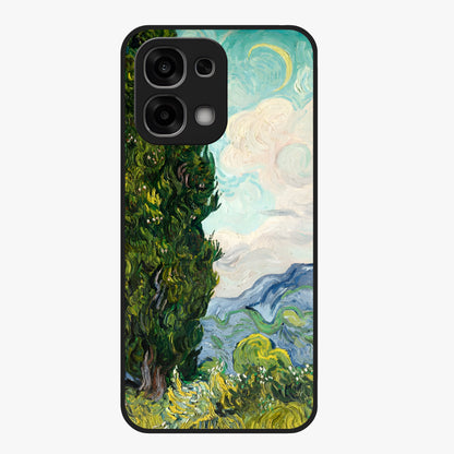 Van Gogh Vintage Art Glass Case showing flat back view with vintage painterly artwork inspired by Van Gogh style and glossy glass finish.