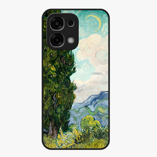 Van Gogh Vintage Art Glass Case showing flat back view with vintage painterly artwork inspired by Van Gogh style and glossy glass finish.