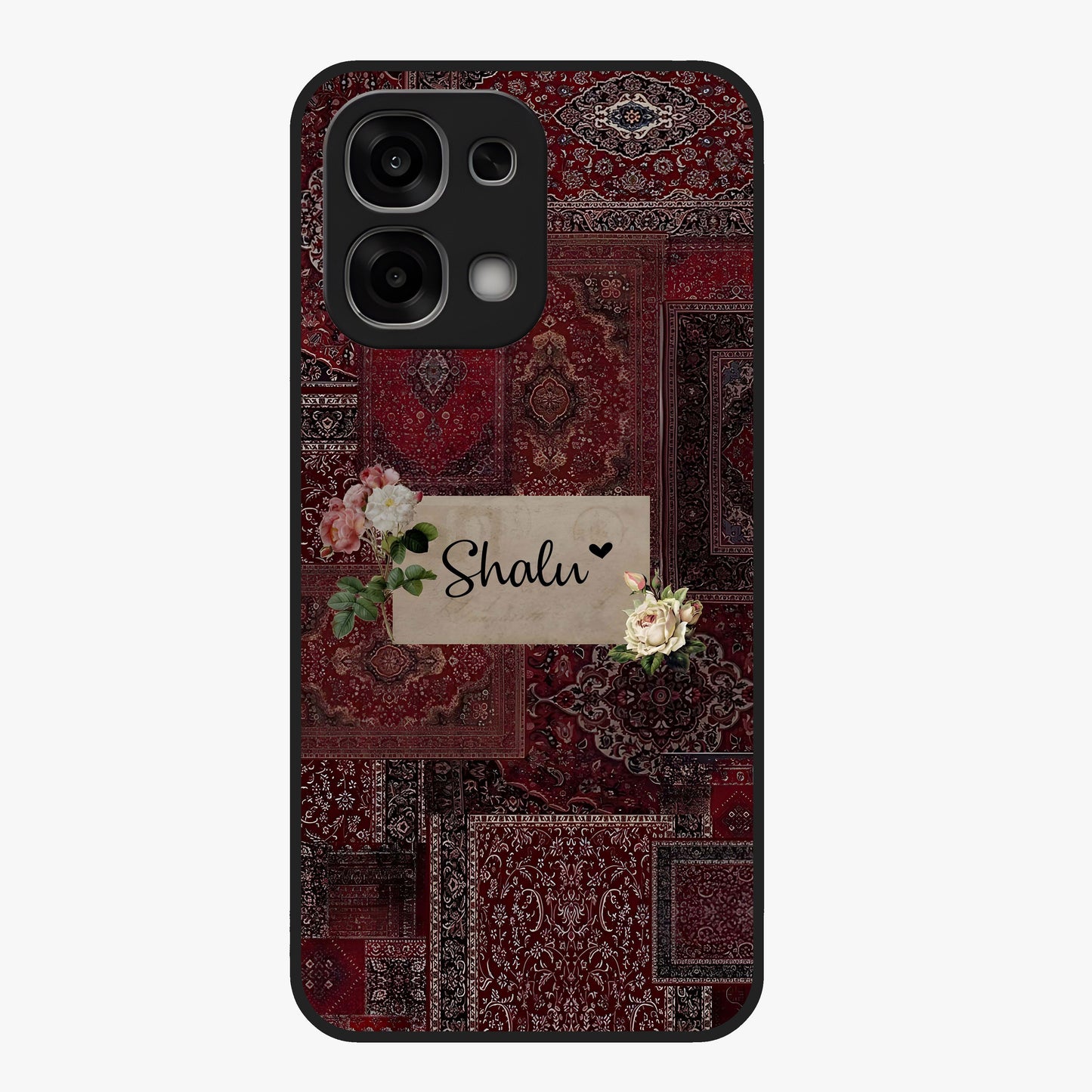 Velvet Wine Pattern Custom Name Glass Case showing flat back view with elegant wine colored pattern artwork and personalized name design.