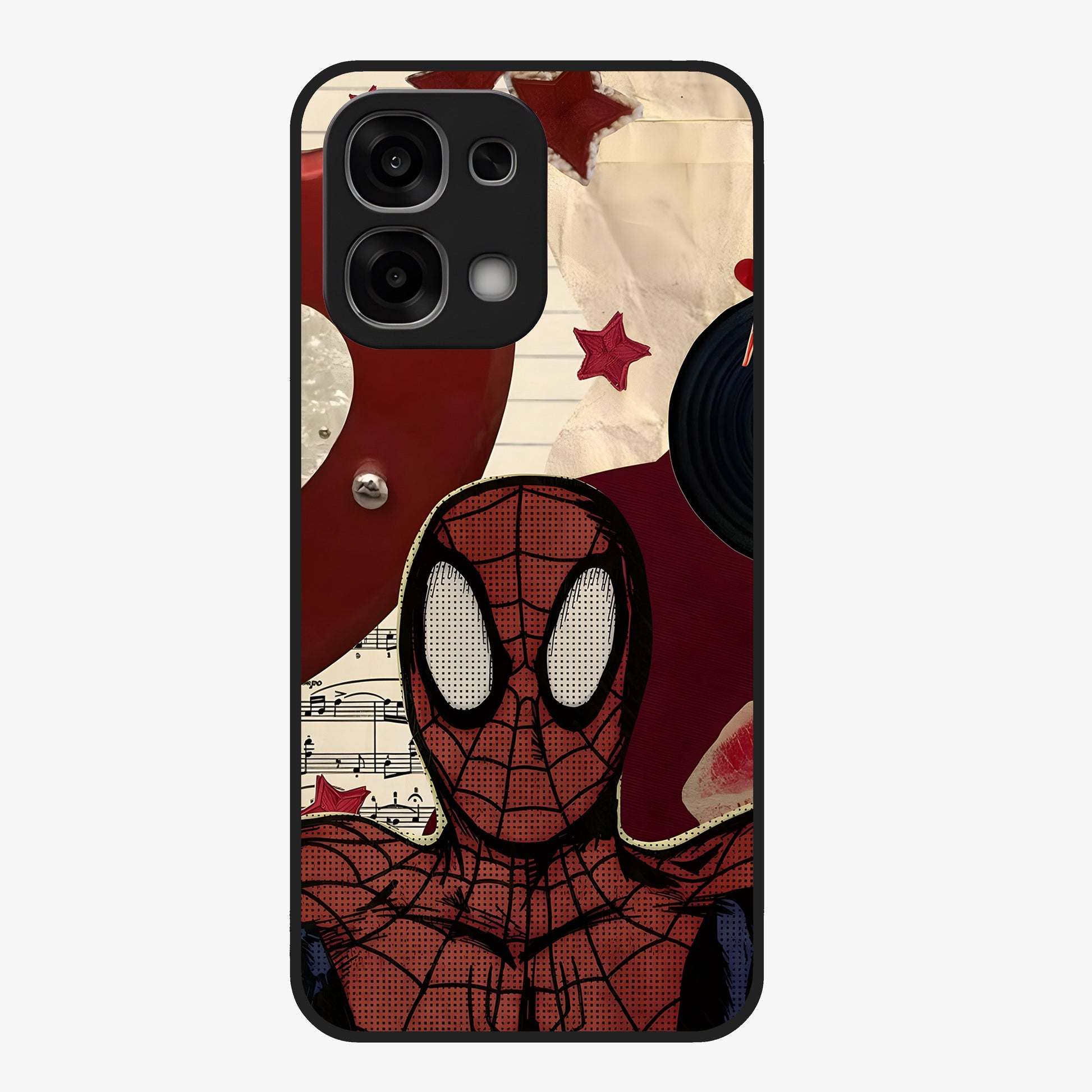 Web Warrior Vibes Glass Case showing flat back view with superhero inspired web themed artwork and glossy glass finish.