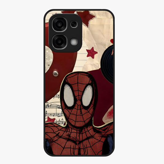 Web Warrior Vibes Glass Case showing flat back view with superhero inspired web themed artwork and glossy glass finish.