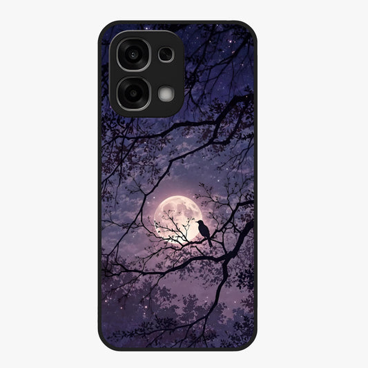 Whispering Moon Silence Glass Case showing flat back view with serene moon themed artwork and glossy glass finish.